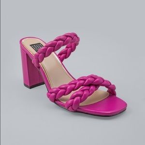 BRAIDED MID-HEEL SLIDE SANDALS